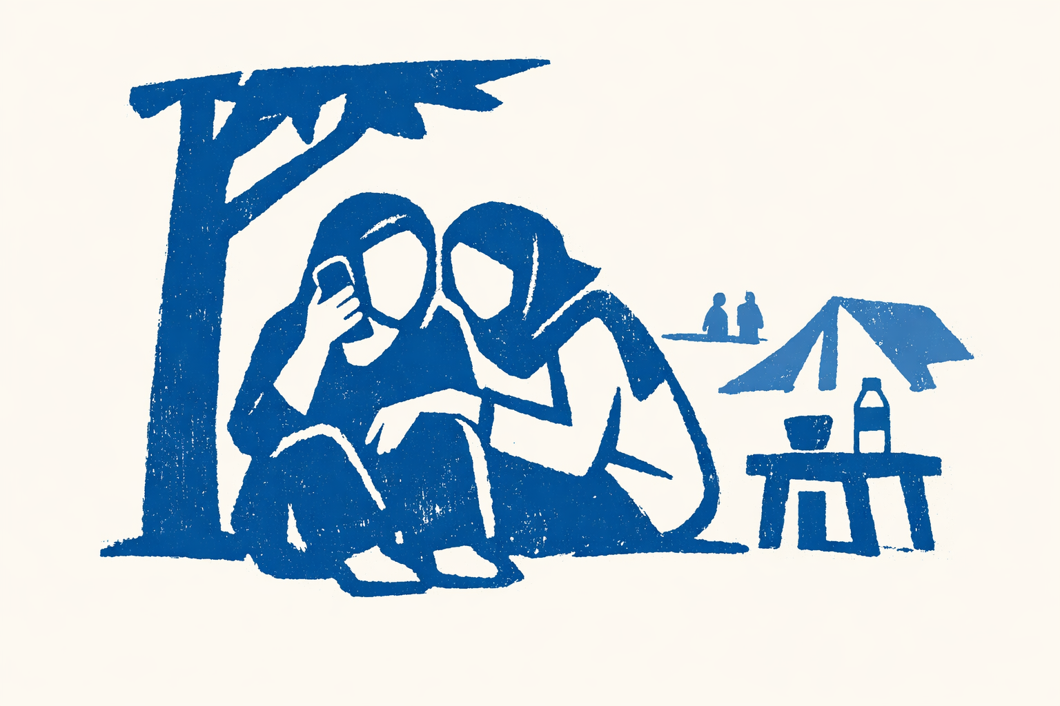 A woman sitting under a tree uses a phone while her female friend leans in to listen.