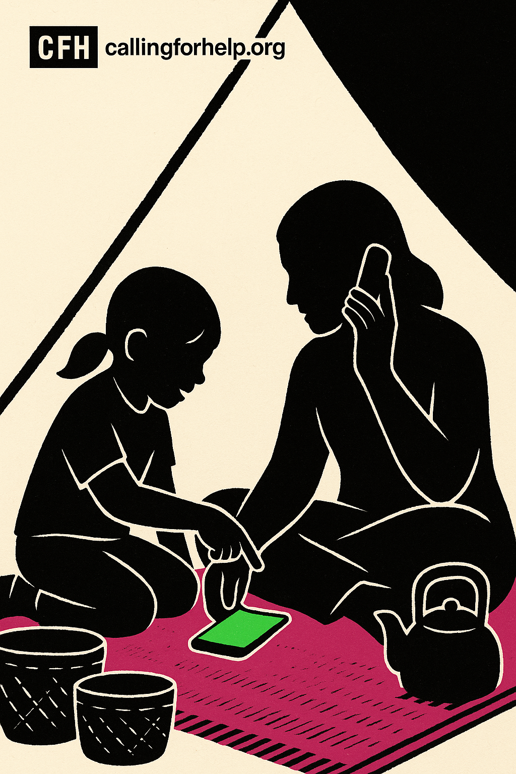 43,000 Adults Disabled by Climate Disasters Face Double Crisis — editorial advocacy poster illustration in black silhouettes on cream paper. Scene: In a cozy family tent, a mother and her young daughter sit cross-legged on a colorful blanket, both engaged with a green-lit phone resting between them.
