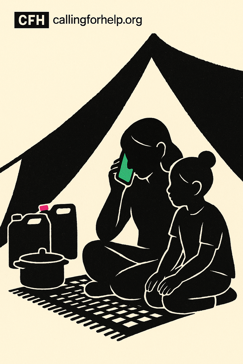 89% of Aid Apps Lock Out 2.8M Adult Refugees With Disabilities — editorial advocacy poster illustration in black silhouettes on cream paper. Scene: A family unit sits comfortably on a woven blanket inside their tent, engaging with a phone that glows green. The mother leans slightly toward the device