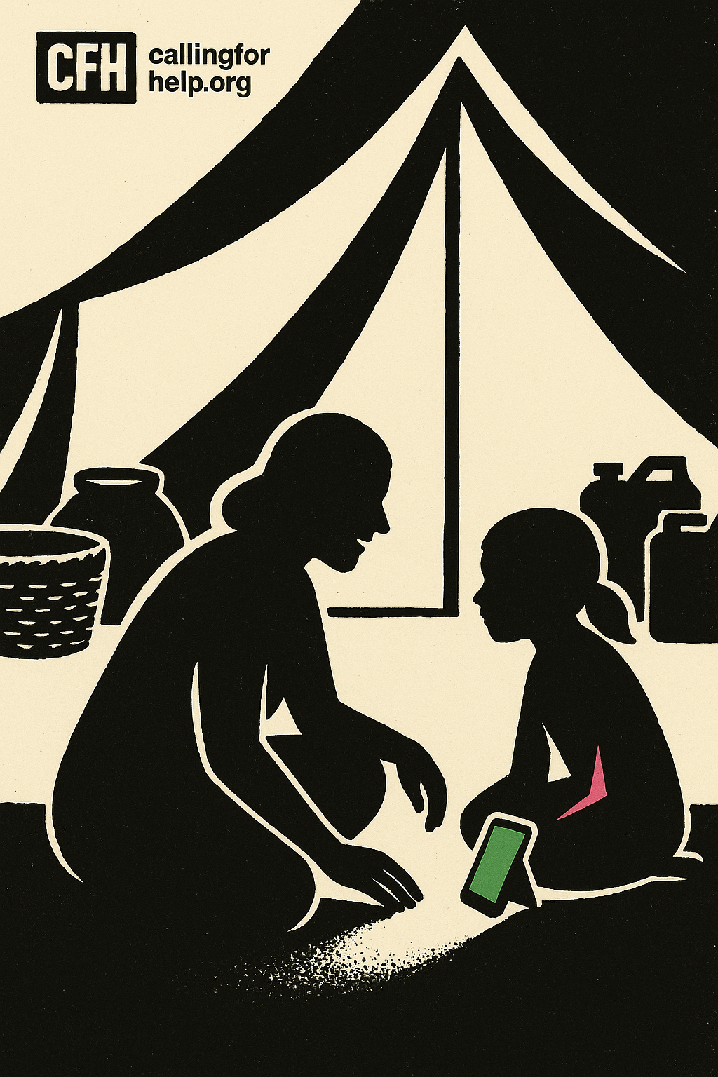 Johns Hopkins: 84% of refugees prefer therapy by WhatsApp — editorial advocacy poster illustration in black silhouettes on cream paper. Scene: In a cozy tent interior at Zaatari camp, a woman sits cross-legged on a blanket, her phone propped up in front of her. She leans slightly forward, engaged in