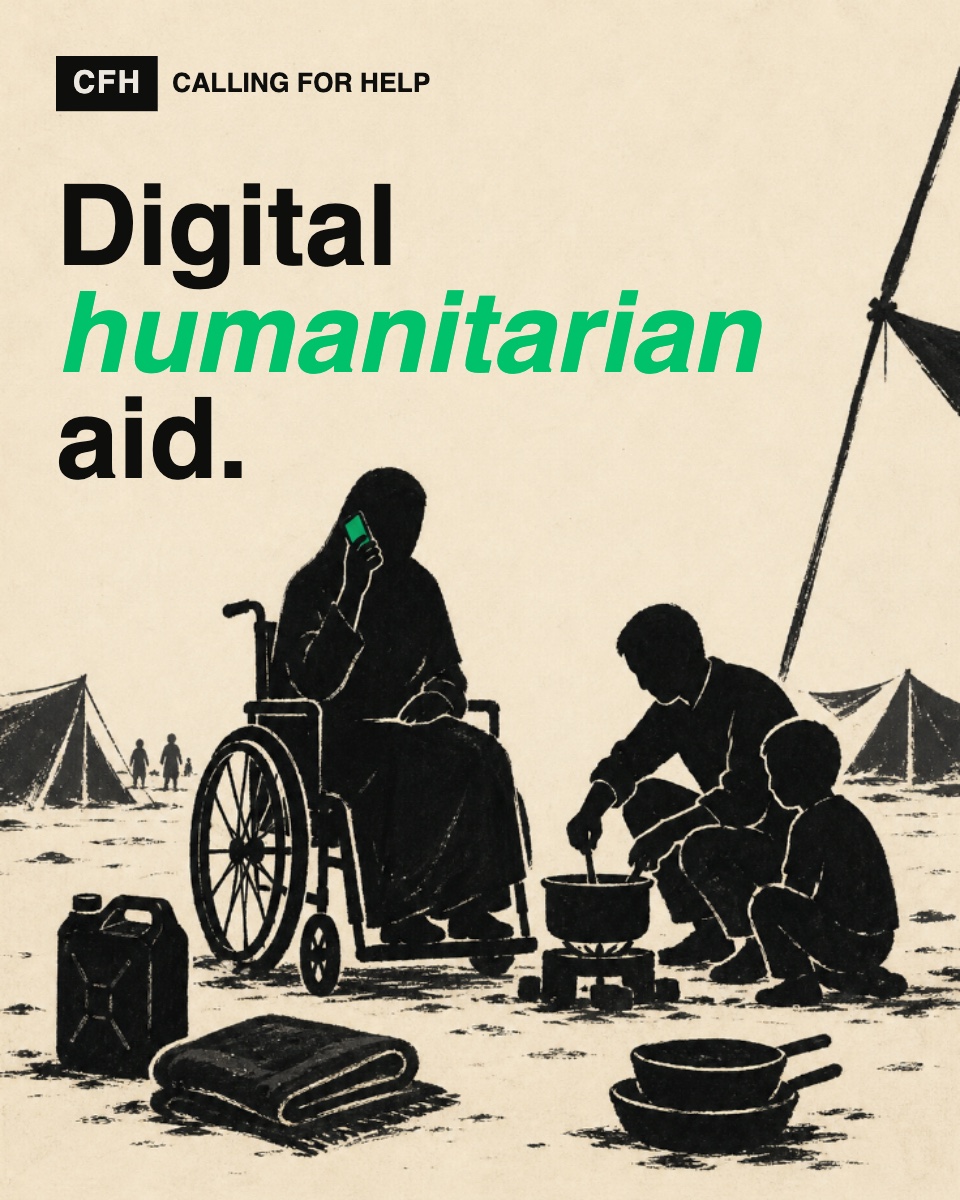 A woman in a wheelchair sits in a refugee camp, making a phone call as her spouse and child cook on a small stove