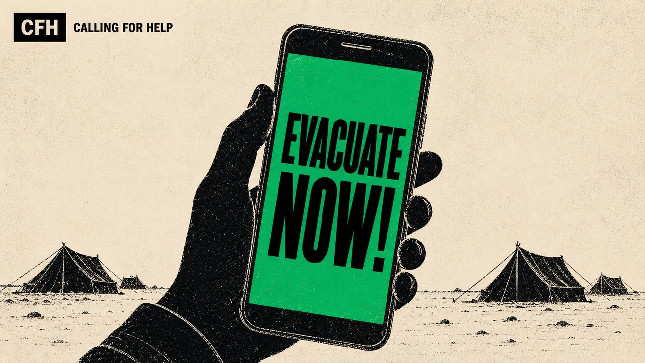 a hand holds a phone showing EVACUATE NOW! in heavy green block letters