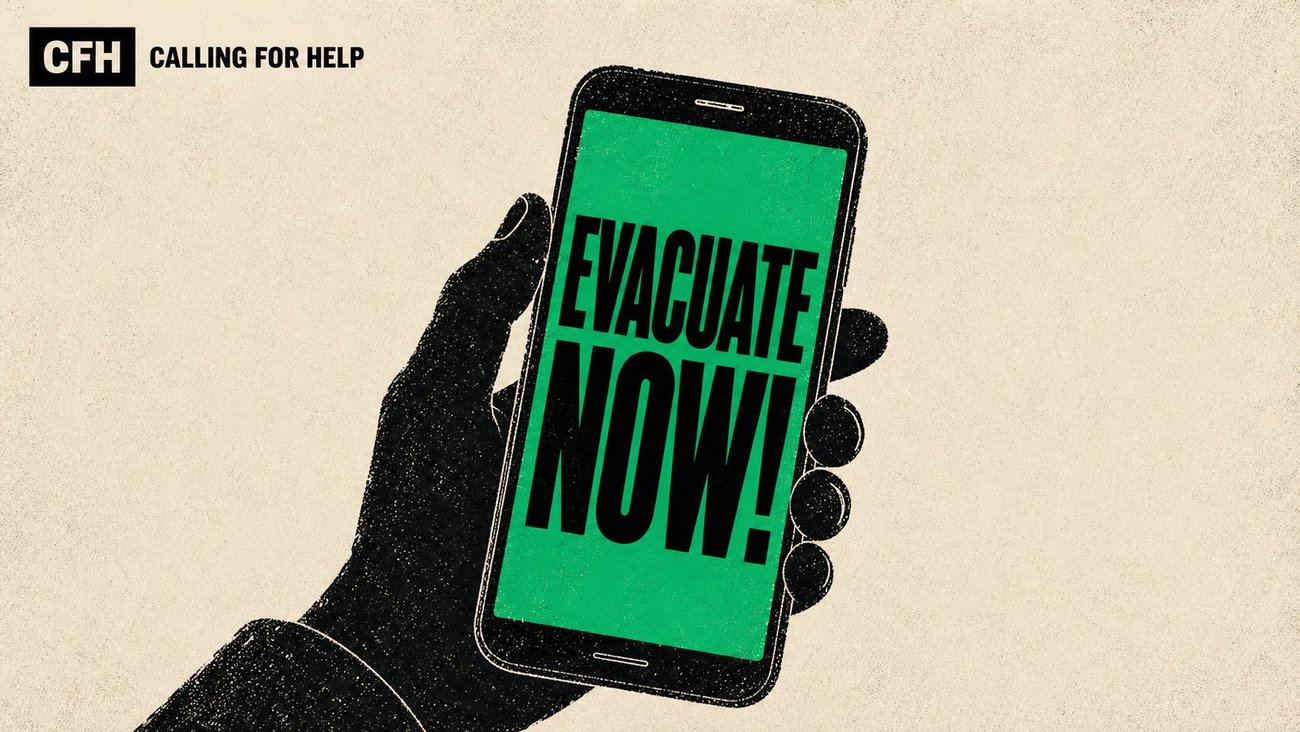 a hand holds a phone showing EVACUATE NOW! in heavy green block letters