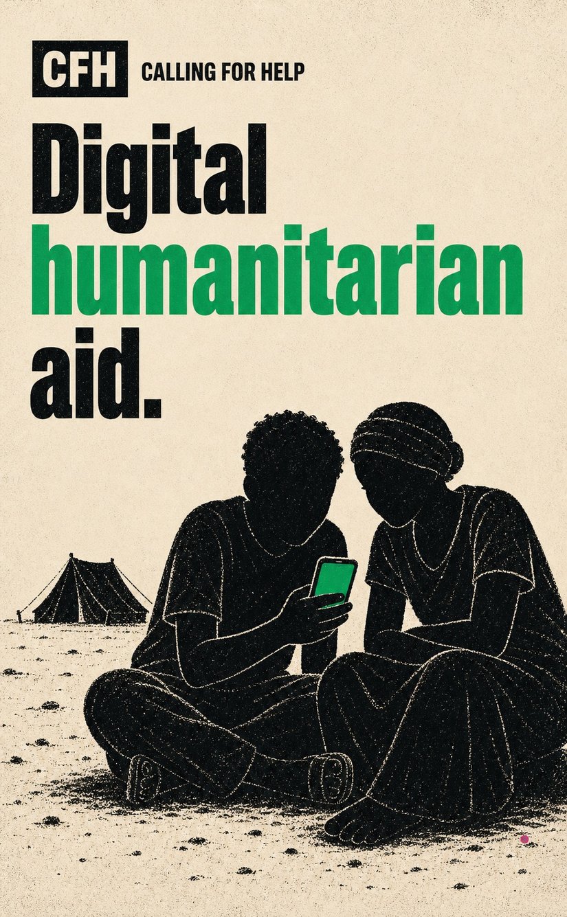 two friends sit together in a refugee camp, one uses a phone