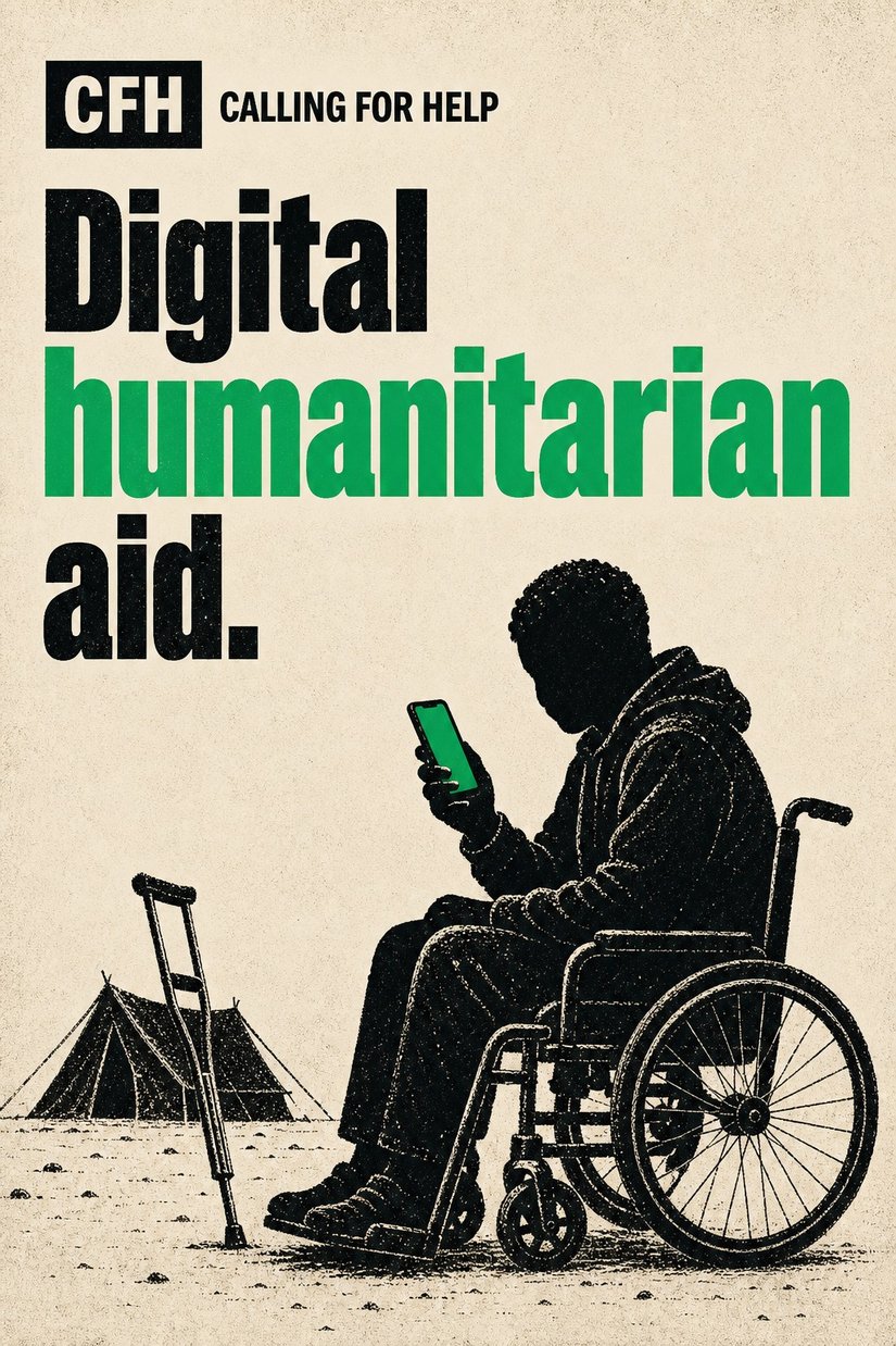 a disabled refugee uses a phone in a refugee camp