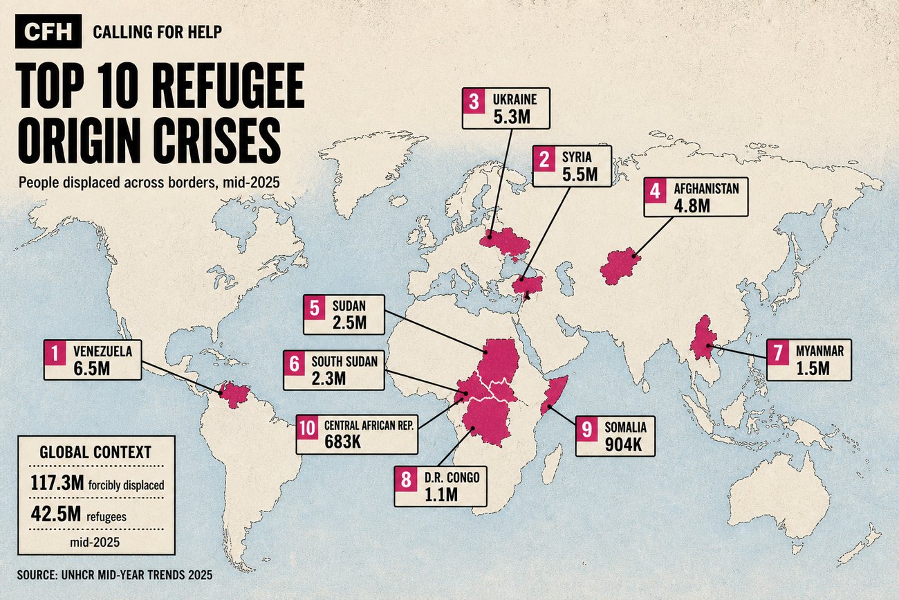 world map showing the top 10 refugee origin crises in mid-2025 — Venezuela 6.5M, Syria 5.5M, Ukraine 5.3M, Afghanistan 4.8M, Sudan 2.5M, South Sudan 2.3M, Myanmar 1.5M, DR Congo 1.1M, Somalia 904K, Central African Republic 683K, with global totals of 117.3M forcibly displaced and 42.5M refugees