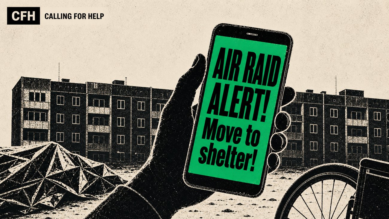 a hand holds a phone showing AIR RAID ALERT! Move to shelter! in heavy green block letters with a Soviet-era apartment block silhouette behind