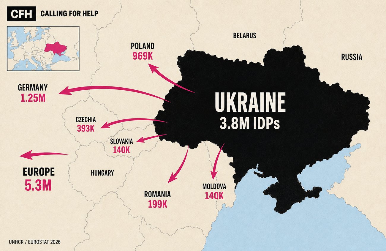 a regional map of Ukraine and its neighbours showing displaced-population outflows: Poland 1M, Germany, Czechia, Romania, Slovakia, Hungary, Moldova, with 3.7M IDPs inside Ukraine and front-line oblasts highlighted