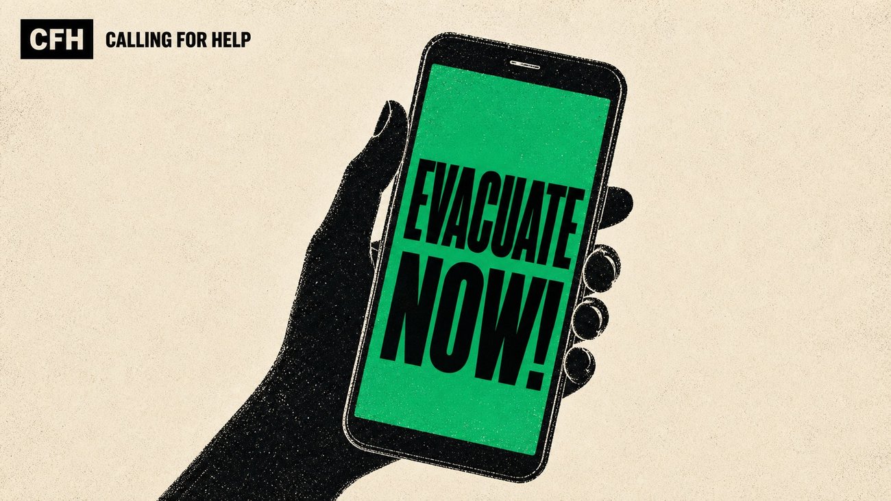 a woman's hand holds a phone showing EVACUATE NOW! in heavy green block letters